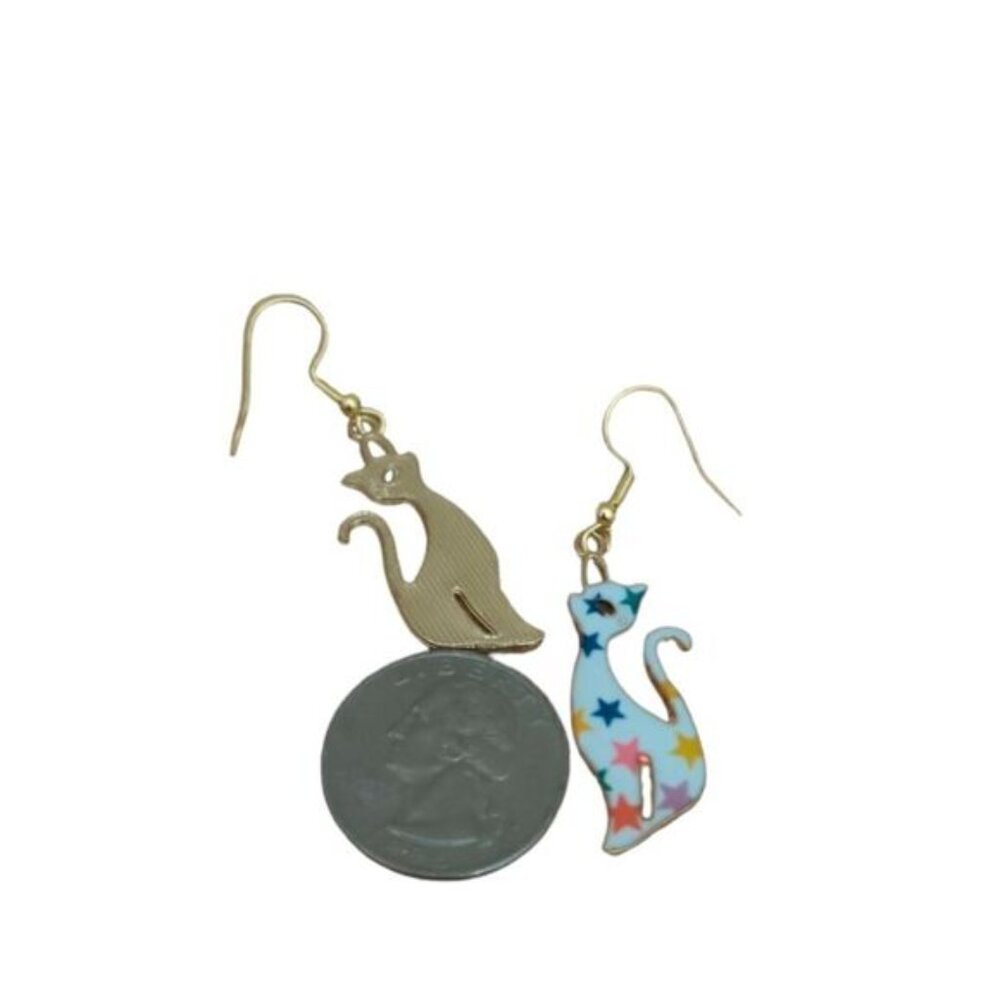 Cat Design Colorful Stars Pattern Kitty Earrings - Picture 3 of 7